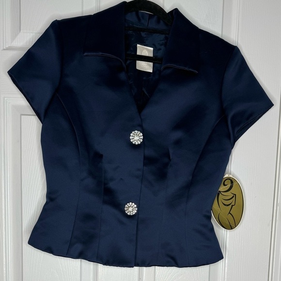 WATTERS AND WATTERS NWT Vintage Navy Satin Dress Top Rhinestone Buttons Size 10 - Picture 1 of 8
